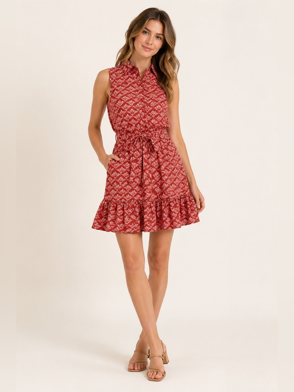 LIKELY Folk Floral Admiral Sleeveless Tie Waist Mini Dress Rust Red Size 2 NWT